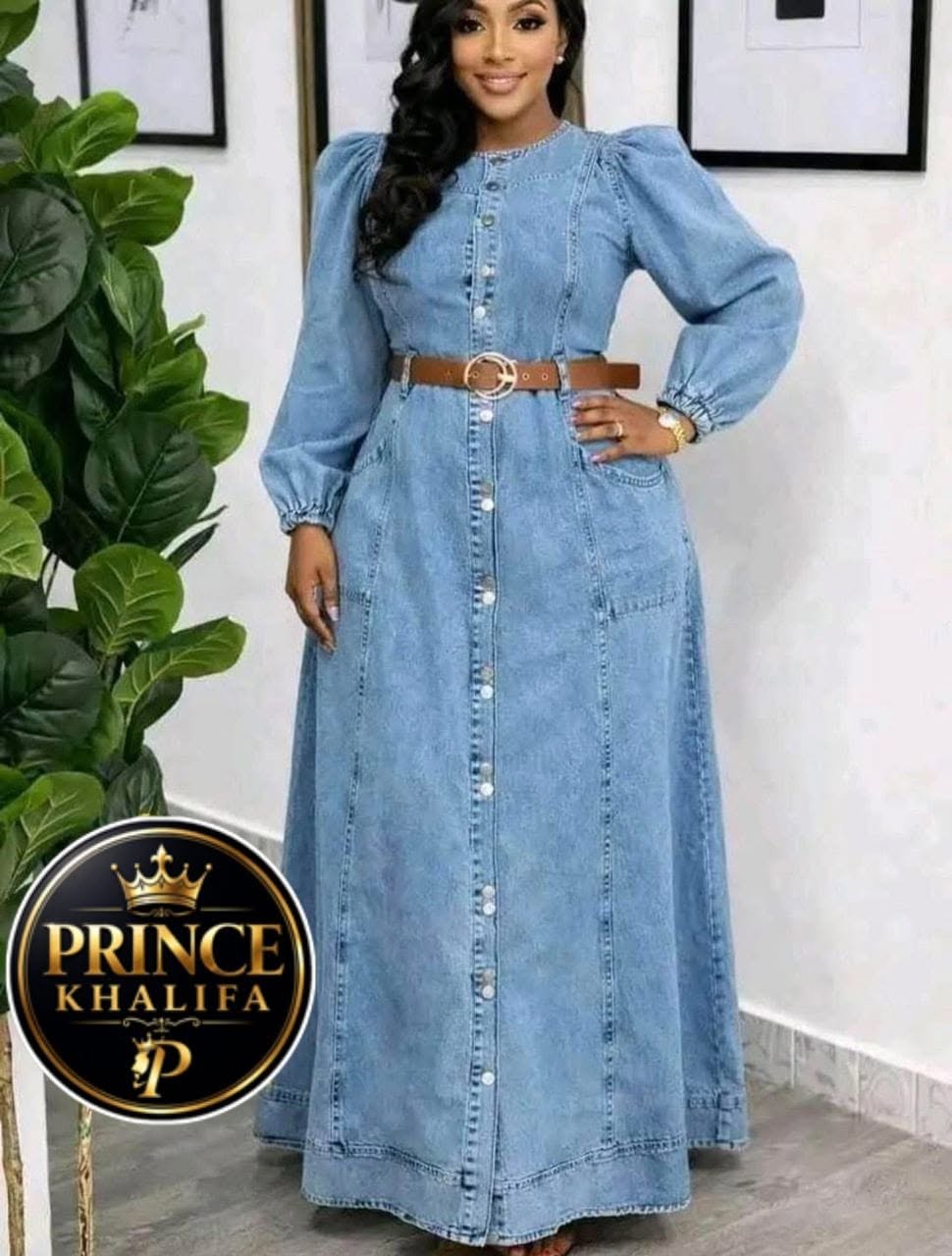 Robe longue en jean ceinturée