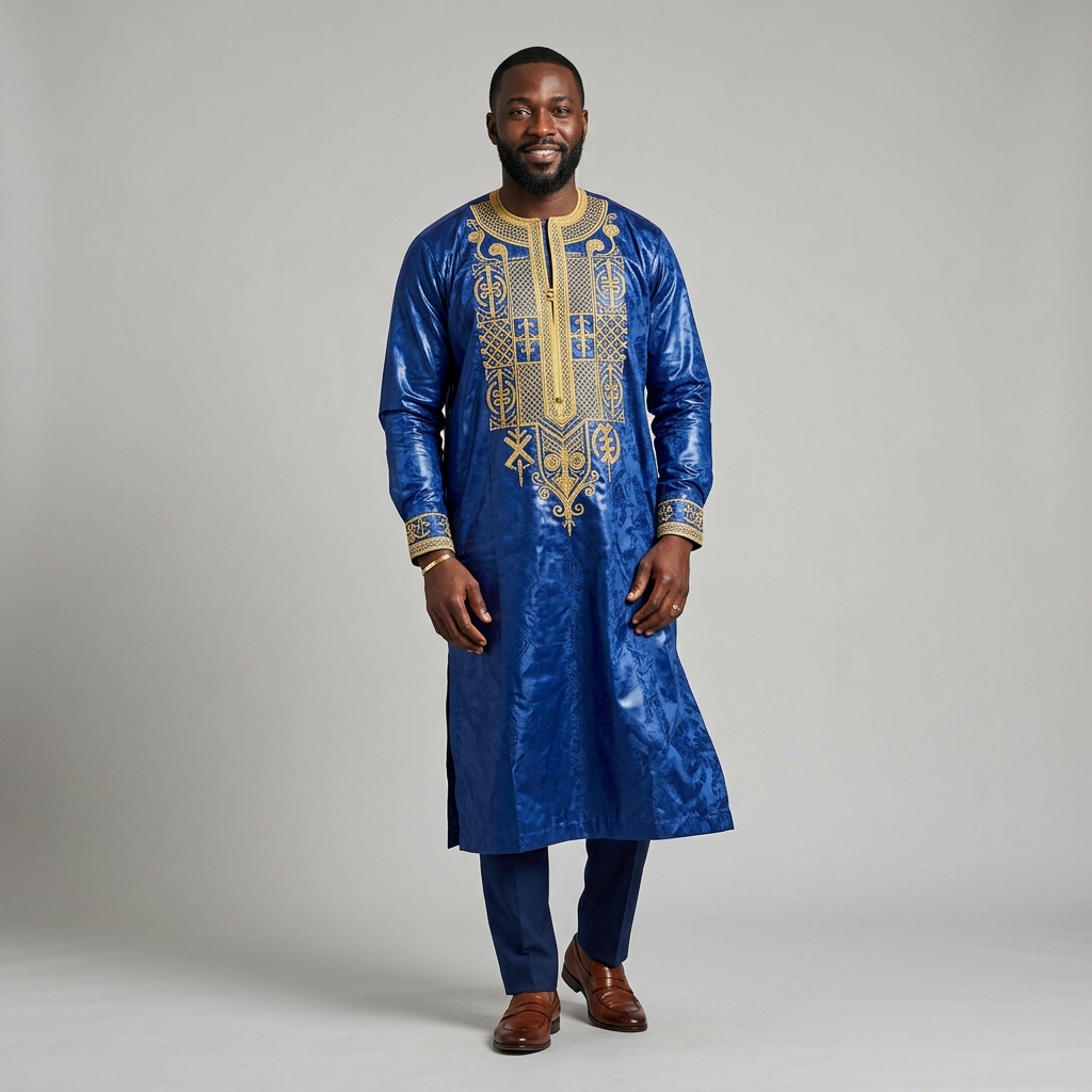 Boubou Bazin riche bleu brodé